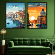 Portugal And Italy Illustrated Portrait (2 Panel) | Travel Wall Art