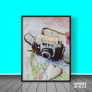 Camera on Map Poster | Travel Wall Art