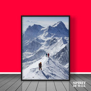 Hikers on Snowy Mountain Portrait | Travel Wall Art